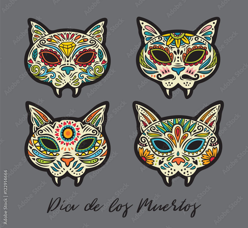 Obraz premium Greeting card with sugar skull cats. Traditional holiday in Mexico.