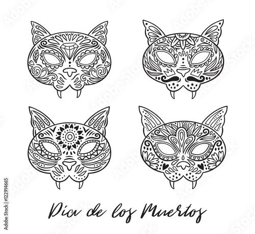 Set of cat sugar Mexican skulls. Vector illustration