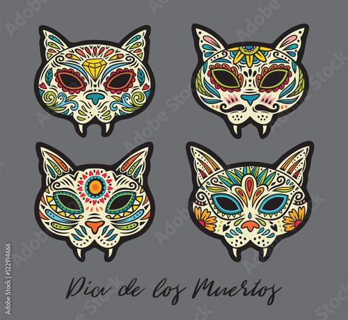 Greeting card with sugar skull cats. Traditional holiday in Mexico.