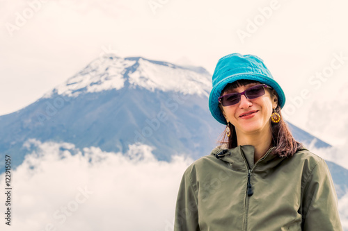 Young Caucasian Woman Hiking Chimborazo Volcano