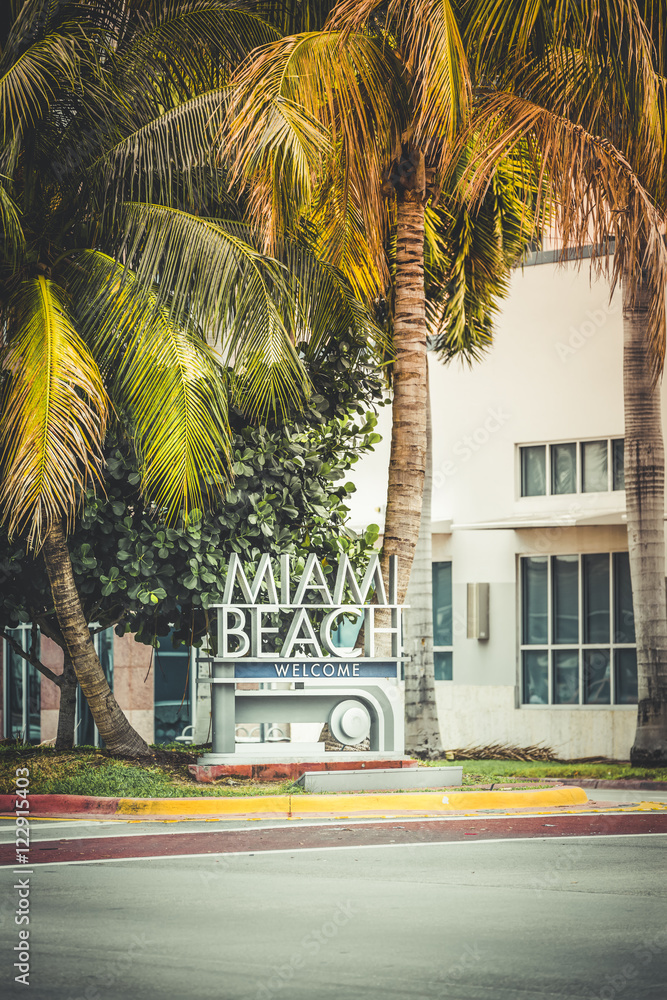 Miami Beach welcome sign, Florida. Vintage colors