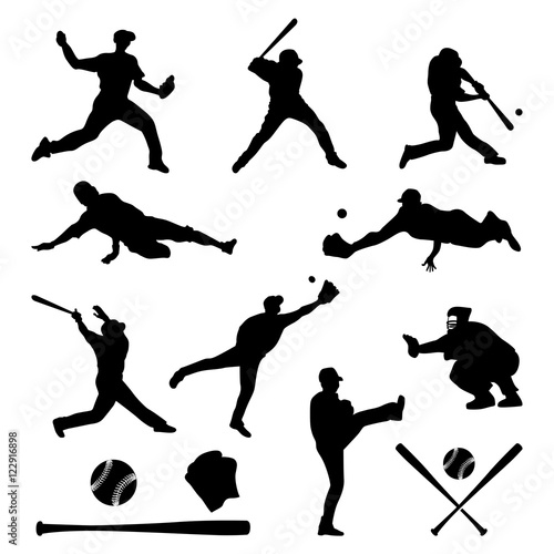 Black Baseball Silhouette Set - Man Male Player