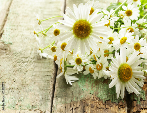 Fototapeta Naklejka Na Ścianę i Meble -  Fresh chamomile flowers bouquet on the wooden background