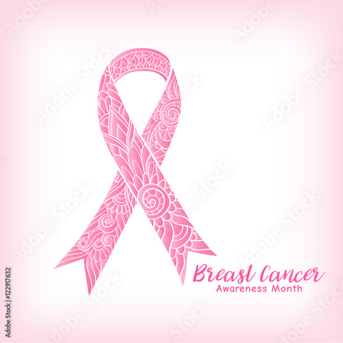 Breast cancer awareness month decorative pink ribbon. Stock line