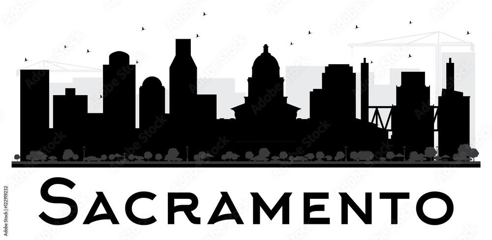 Sacramento City skyline black and white silhouette.
