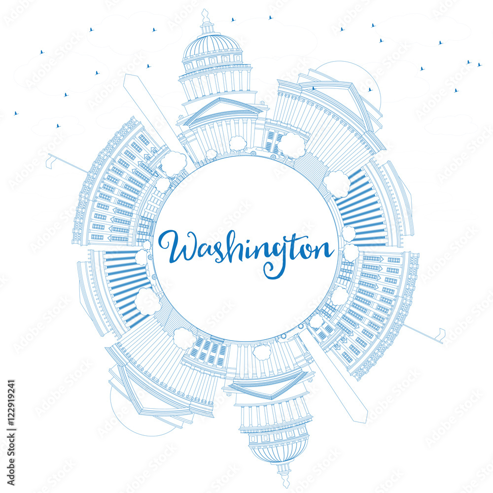 Outline Washington DC Skyline with Blue Buildings and Copy Space