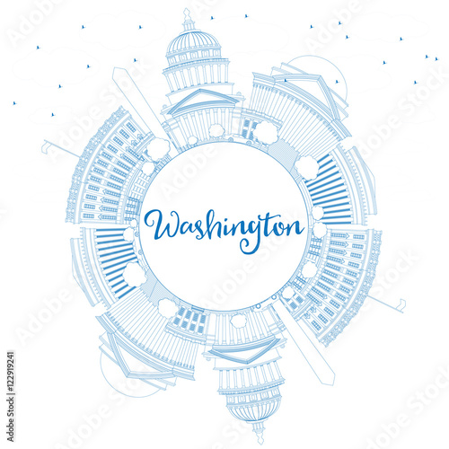 Outline Washington DC Skyline with Blue Buildings and Copy Space