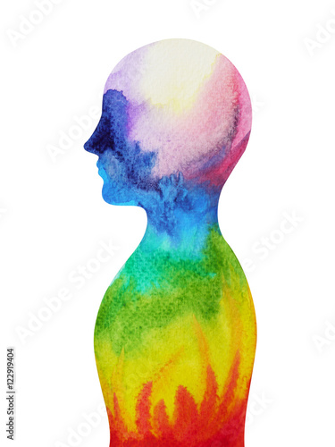 human head, chakra power, inspiration abstract thought, world, universe inside your mind watercolor painting