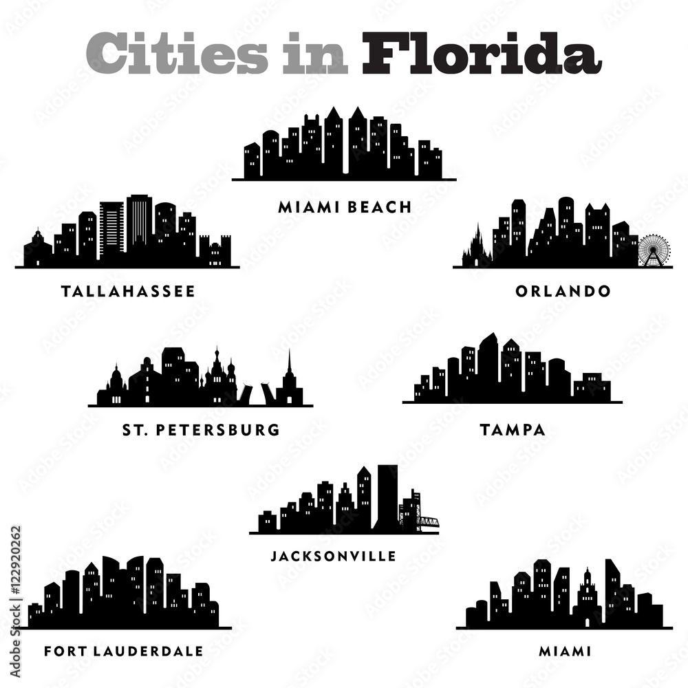 City Skyline Cityscape of Cities in Florida State - Silhouette