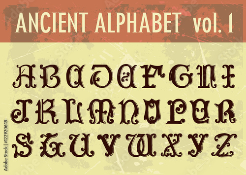 Ancient alphabet: ornamental calligraphic letters from 13th century. Full 26 letters alphabet.