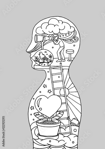 abstract body mind soul human, world, universe inside your mind, vector illustration hand drawn design
