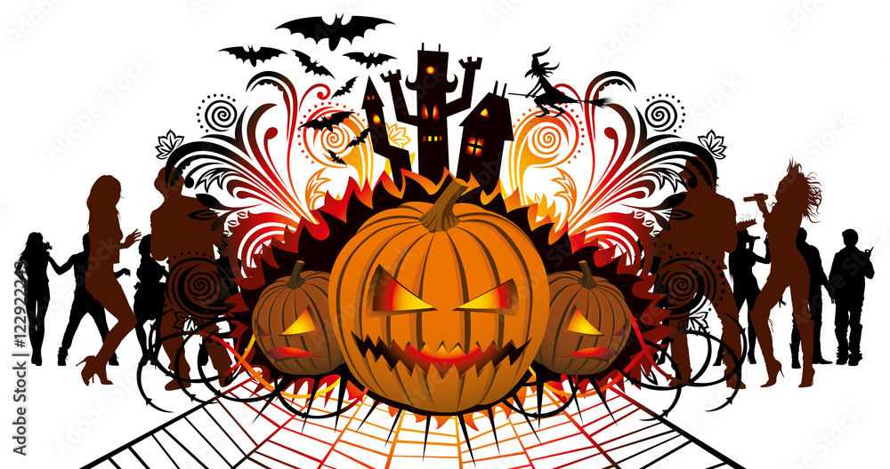 angry halloween pumpkin and dancing people