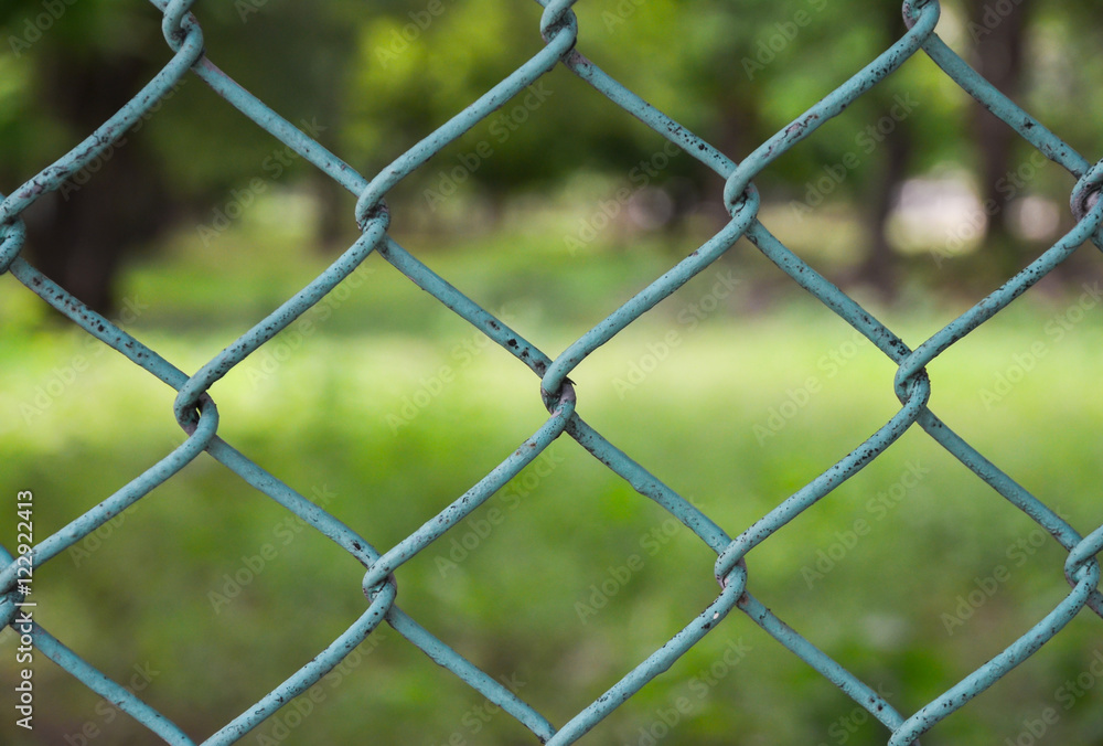 Fototapeta premium Close-up rusty green fence with blur field background