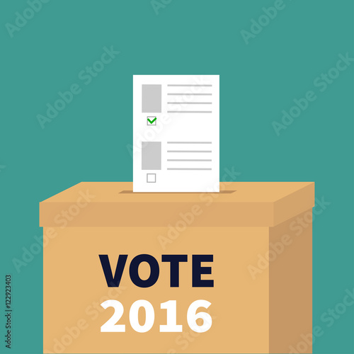 Ballot Voting box Paper blank bulletin with green mark concept. Polling station. President election day Vote 2016 white black text. Flat design Card