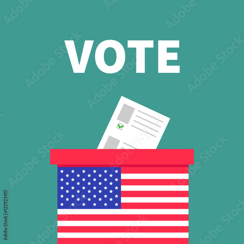 American flag Ballot Voting box with paper blank bulletin concept. Polling station. President election day Vote. Isolated Green background Flat design Card