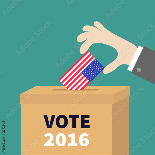 Ballot Voting box Businessman holding American flag paper blank bulletin concept. Polling station. President election day Vote 2016. Isolated Green background Flat design Card