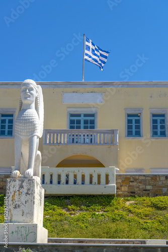 The Naxian sphinx. Ancient sculpture in the port of Naxos, Greec