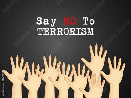 Hands with stop terrorism text against black background
