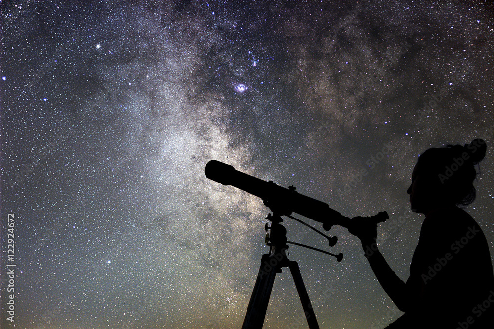 Woman and night sky. Watching the stars Woman with telescope. - obrazy, fototapety, plakaty 