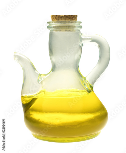 Shiny bottle of extra virgin olive oil, isolated on white