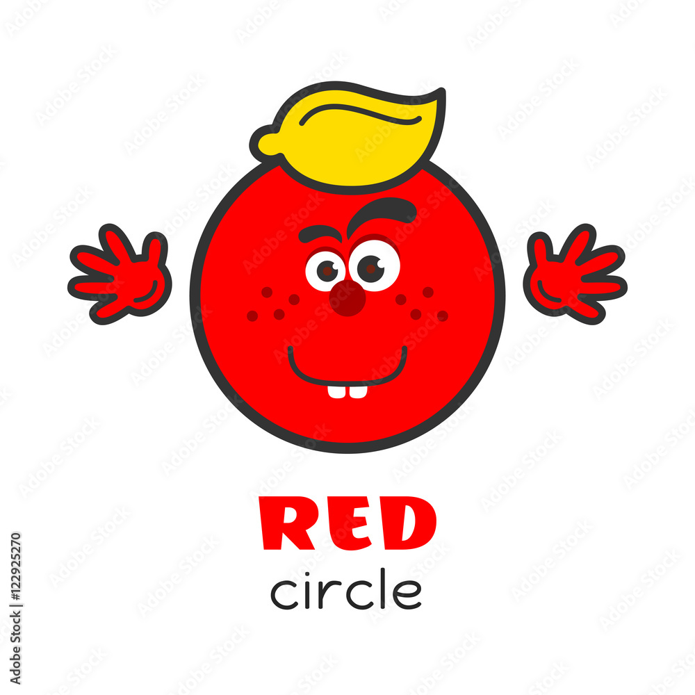 Circle geometric shape vector illustration for kids. Cartoon red circle  character with face and hands for preschool or primary school children.  Card with funny shape for activities with kids Stock Vector |