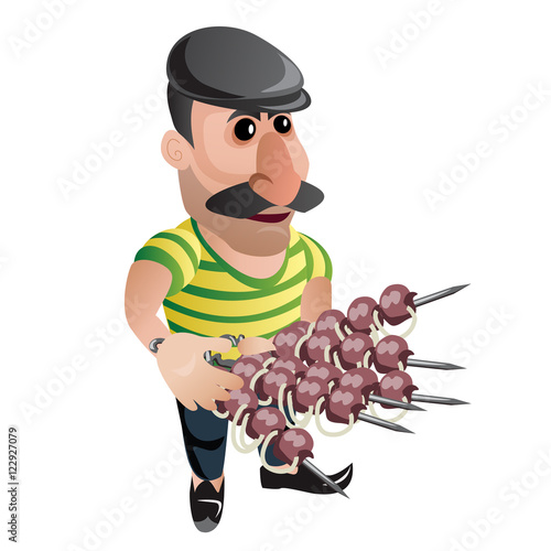 Mustachioed man waiter in cap with kebab