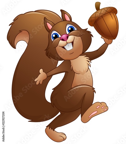 Happy cartoon squirrel holding acorn