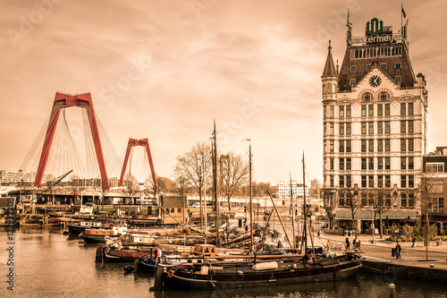 A view on the Oude Haven, Rotterdam, The Netherlands (March 2016) taken from the Overblaak (Kubuswoningen) in semi sepia