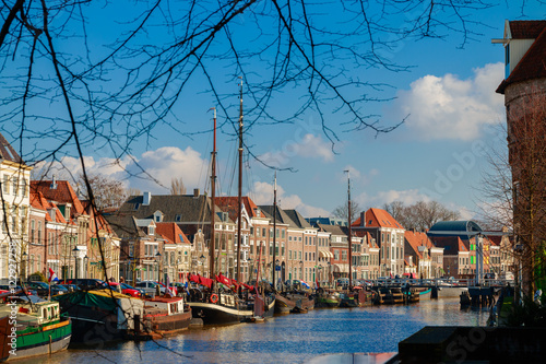 A colorful view on the Thorbeckegracht in Zwolle, taken from the Pelserbrugje 