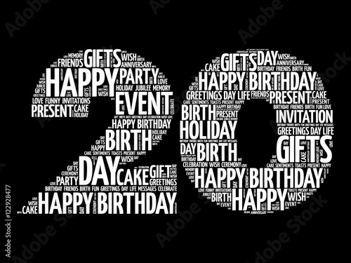 Happy 20th birthday word cloud collage concept