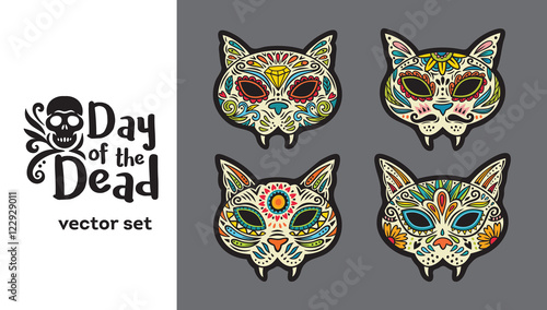 Greeting card with sugar skull cats. Traditional holiday in Mexico.