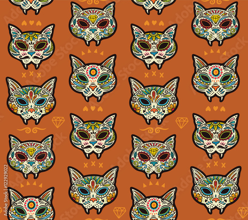 Sugar skull cats pattern. Mexican day of the dead.