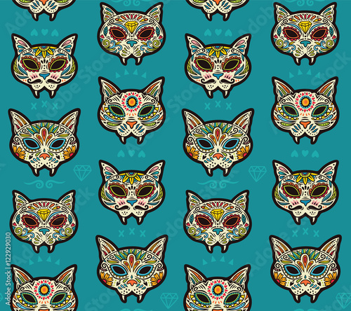 Sugar skull cats pattern. Mexican day of the dead.
