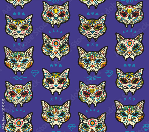 Sugar skull cats pattern. Mexican day of the dead.