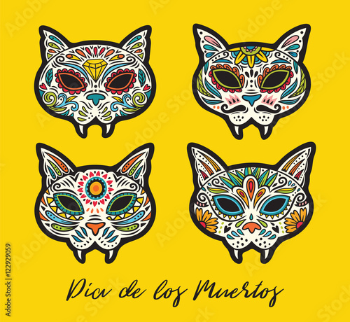 Greeting card with sugar skull cats. Traditional holiday in Mexico.