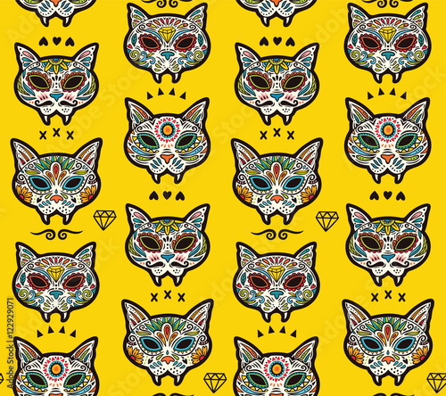Sugar skull cats pattern. Mexican day of the dead.