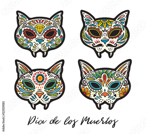 Greeting card with sugar skull cats. Traditional holiday in Mexico.