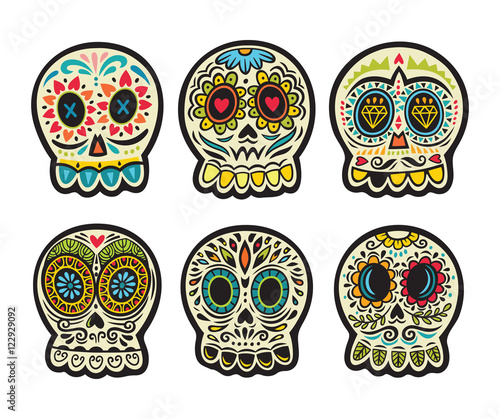 Set of six vector skulls. Mexican holidays collection