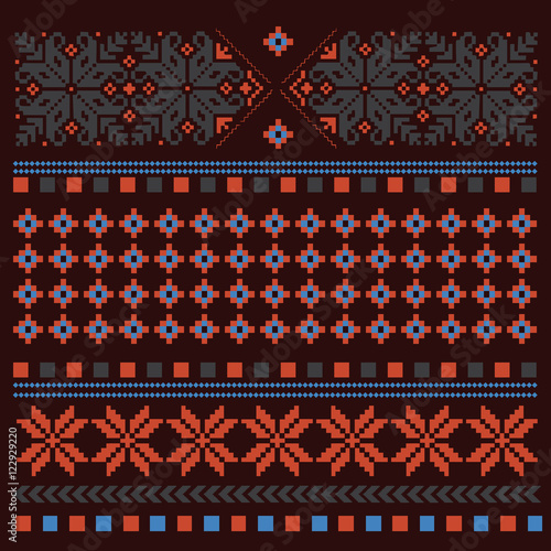Ethnic Floral Ornaments. Vintage Nordic Ornament. Retro Geometric Embroidery Swatch. Brown Orange digital background vector patterns.