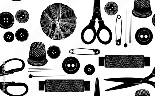 black sewing items seamless background