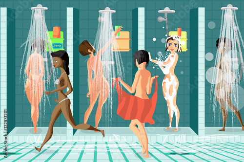Interior of the shower room at the swimming pool sports club. Wo