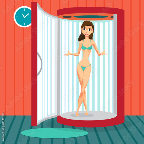 Young woman tanning in vertical solarium in spa salon. Vector fl