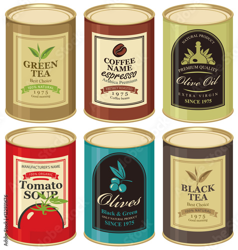 set Vector illustration of a tin can with label of olives, tea, coffee and tomato soup