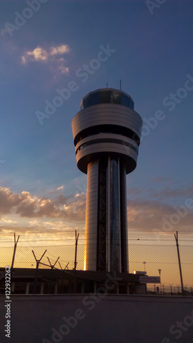 Airport control tower at sunset in Sofia, Bulgaria
