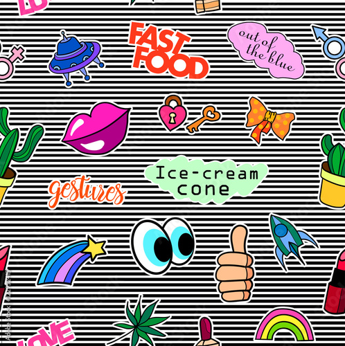 Seamless pattern with fashion patch badges. Pop art. Vector background with stickers, pins, patches in cartoon 80s-90s comic style. Lips, eyes, hearts, sun, ice cream, pizza. Vector clip-art.
