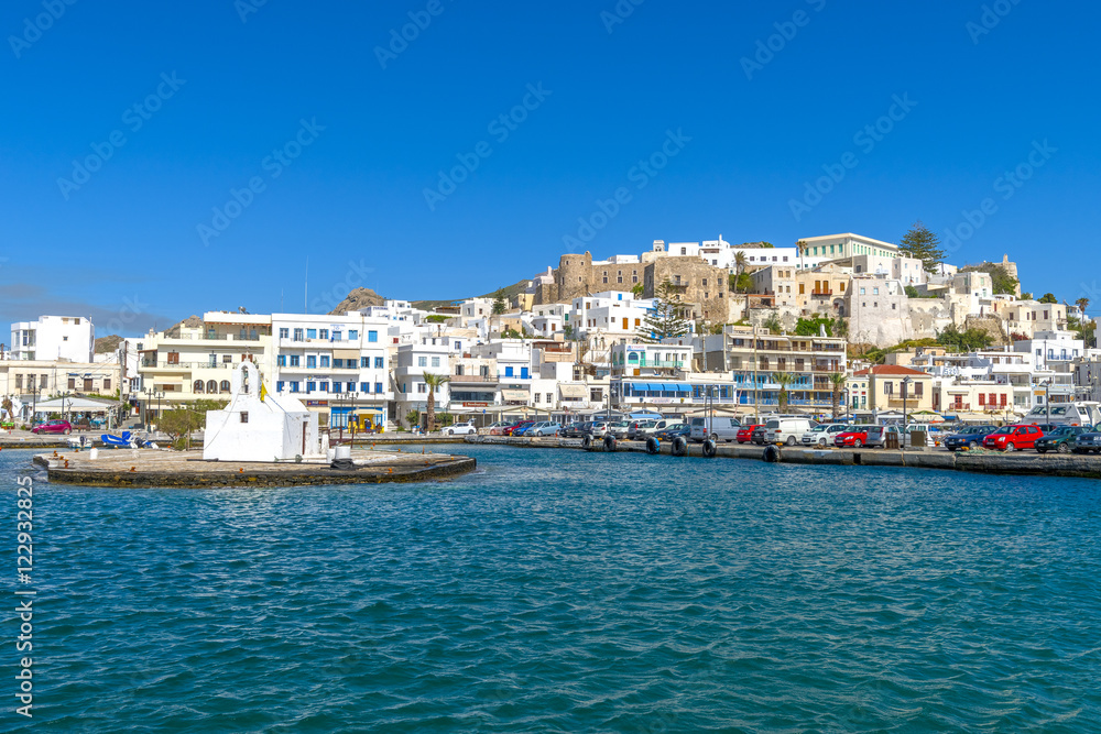 View of the port in Chora Naxos, Cyclades, Greece.