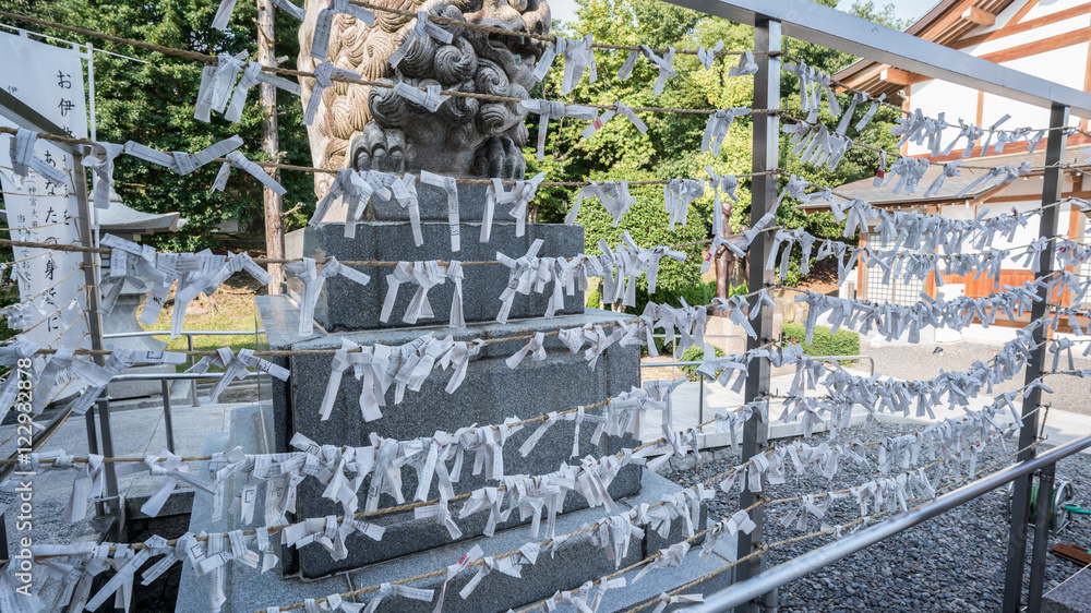 People hanging bad fortune of Omikuji or small piece of paper on which one's fortune is written at Hiroshima Gokoku Shrine 