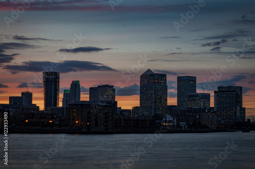 Silhouette of Canary Wharf at sunset a major business district in Tower Hamlets, East London. It is one of the United Kingdom's main financial centre and contains many of Europe's tallest buildings