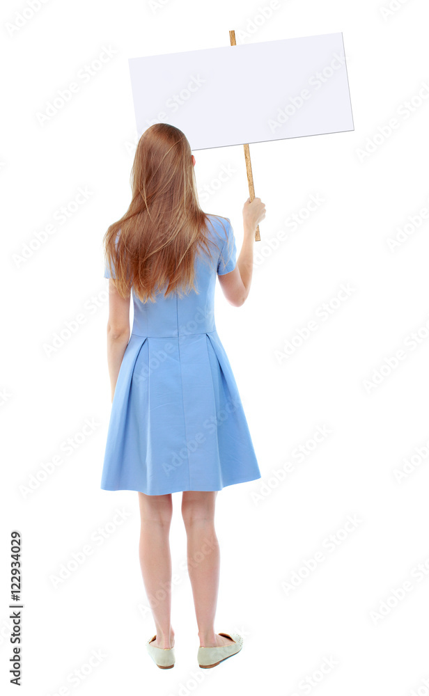 Back view woman showing sign board. man holds information plate. Rear view people collection. backside view of person. Isolated over white background. Skinny girl in a blue dress holding a poster.
Back view woman showing sign board. man holds information plate. Rear view people collection. backside view of person. Isolated over white background. Skinny girl in a blue dress holding a poster.