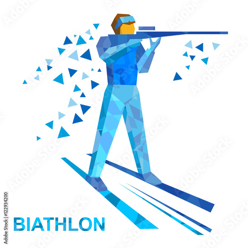 Winter sports - Biathlon. Cartoon biathlete shoots a rifle standing on skis. Flat style vector clip art isolated on white background